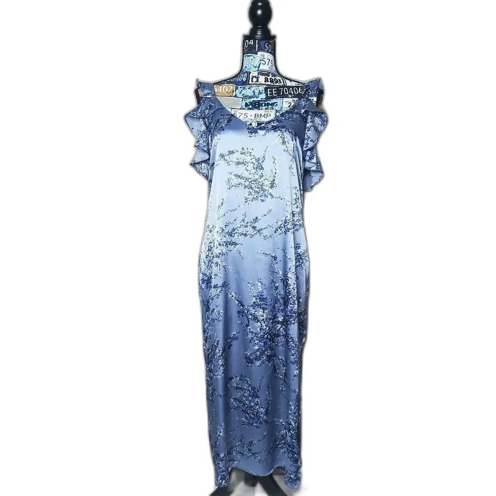 WAYF Quinn Floral Satin Midi Slip Dress Cold Shoulder Side Slit Ruffles Blue S